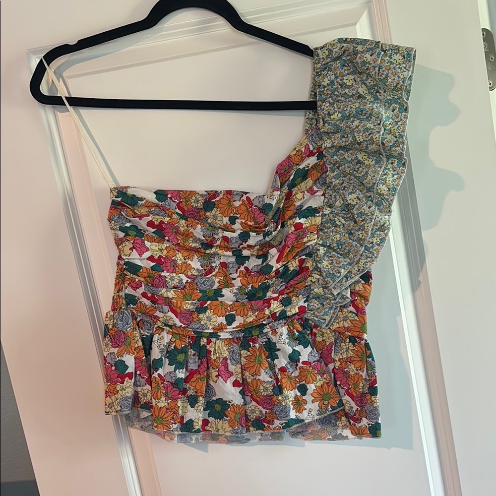 Umgee Red and Orange Asymmetrical Ruched Blouse